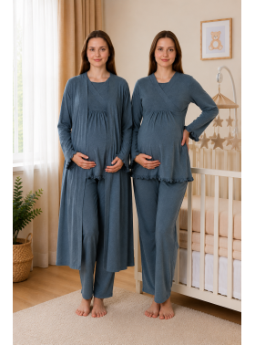 Effortt 4044 İndigo Gizli Emzirme Özellikli Sabahlıklı Lohusa Pijama Takımı